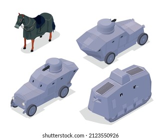 First world war military vehicles equipment including armored tanks isometric vector illustration