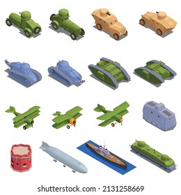 First world war military vehicles and equipment isometric set isolated vector illustration