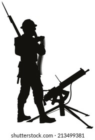 First World War Soldier With Mashine Gun Detailed Vector Silhouette. EPS 8