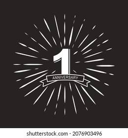 First year anniversary retro vector emblem isolated template. Vintage logo 1th with ribbon and fireworks on dark background