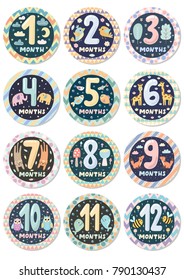 First year baby age stickers set with cute animals. Vector illustration