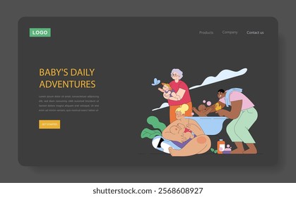 First Year Of Baby Life concept. Illustration depicting family moments, caring for an infant, and daily parenting routines. Vector illustration.