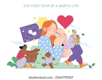 First Year of Baby's Life concept. Moments of growth, affection, and milestones. Sonogram, first steps, tender care. Vector illustration.