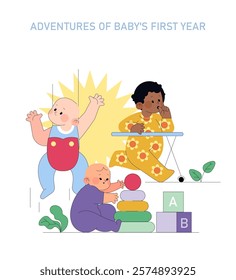 First Year of Baby's Life concept. Illustration capturing developmental milestones and playful activities of infants. Diverse babies engaged in play and discovery. Vector illustration.