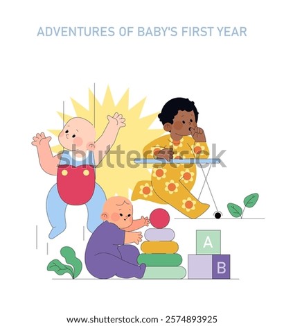 First Year of Baby's Life concept. Illustration capturing developmental milestones and playful activities of infants. Diverse babies engaged in play and discovery. Vector illustration.