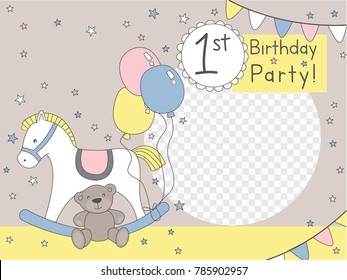 First year birhtday bacground for photo frame with horse and teddy bear and baloons wit stars greeting car invitation banner photo wall