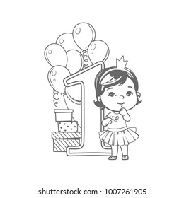 First year birthday party. One year old cute girl wearing tutu near large number 1. Air balloons, gift boxes,festive garland. Birthday decoration& Sketchy style. Coloring page.Monochrome illustration.