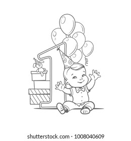 First year birthday party. One year old boy wearing bow tie near large number 1. Air balloons, gift boxes. Birthday decoration.  Sketchy style. Coloring page.Monochrome illustration.