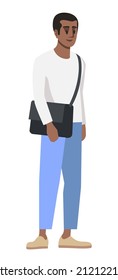 First year college student semi flat RGB color vector illustration. Stylish young man with crossbody bag isolated cartoon character on white background