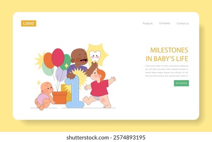 First Year Milestones concept. Celebrating growth stages from crawling to walking with joy and colorful elements. Baby development steps with bright visuals. Vector illustration.