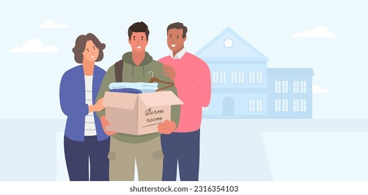 First year student moving to college dormitory. Parents helping to carry the luggage. SSTKUniversity. Vector