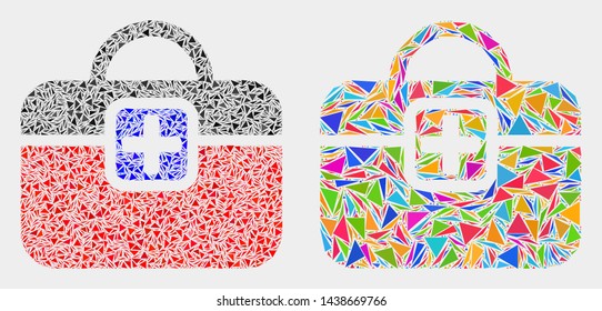First-aid case mosaic icon of triangle elements which have different sizes and shapes and colors. Geometric abstract vector illustration of first-aid case.