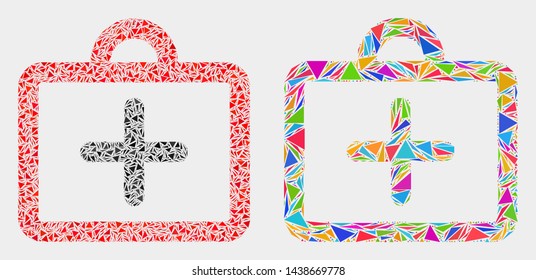 First-aid case mosaic icon of triangle elements which have different sizes and shapes and colors. Geometric abstract vector illustration of first-aid case.