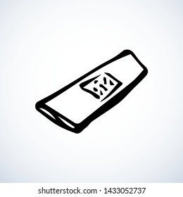 Firstaid elastic plastic emplastrum isolated on white background. Web outline cartoon logo concept. Freehand linear black ink hand drawn flat emblem sketchy in retro doodle graphic style pen on paper