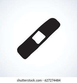 Firstaid elastic plastic emplastrum isolated on white background. Web outline cartoon logo concept. Freehand linear black ink hand drawn flat emblem sketchy in retro doodle graphic style pen on paper