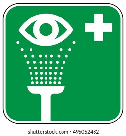 First-aid eyewash sign, white symbols on a green square background, vector illustration.