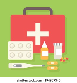 First-aid kit. Medicine kit: pills, plaster, capsules and thermometer. Flat design vector illustration.