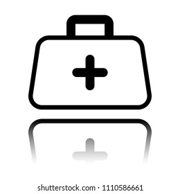 first-aid kit, outline symbol. Black icon with mirror reflection on white background