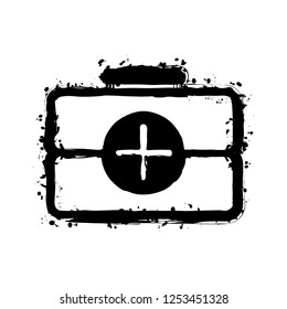 first-aid kit, outline symbol. Black ink with splashes on white background