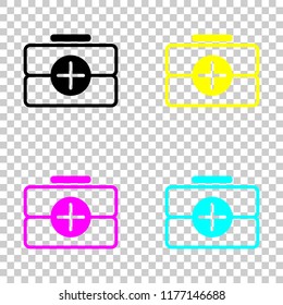 first-aid kit, outline symbol. Colored set of cmyk icons on transparent background
