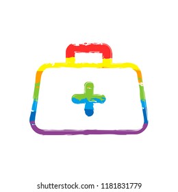 first-aid kit, outline symbol. Drawing sign with LGBT style, seven colors of rainbow (red, orange, yellow, green, blue, indigo, violet