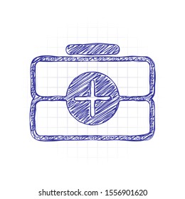 first-aid kit, outline symbol. Hand drawn sketched picture with scribble fill. Blue ink. Doodle on white background