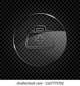 first-aid kit, outline symbol. Icon in circle glass bubble on dark transparent grid. Glass style