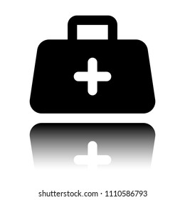 first-aid kit, simple icon. Black icon with mirror reflection on white background