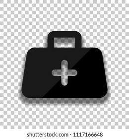 first-aid kit, simple icon. Black glass icon with soft shadow on transparent background