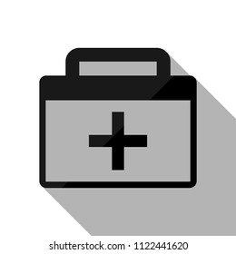 first-aid kit, simple icon. Black object with long shadow on white background