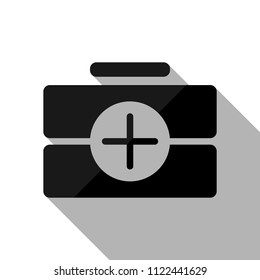 first-aid kit, simple icon. Black object with long shadow on white background