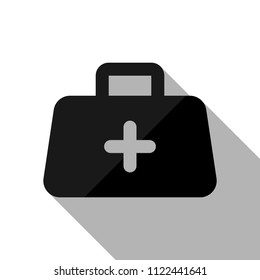 first-aid kit, simple icon. Black object with long shadow on white background