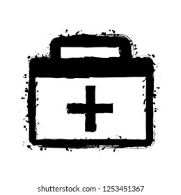 first-aid kit, simple icon. Black ink with splashes on white background