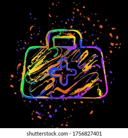 kit de primeros auxilios, icono simple. Tinta coloreada con salpicaduras en fondo negro