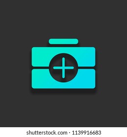 first-aid kit, simple icon. Colorful logo concept with soft shadow on dark background. Icon color of azure ocean