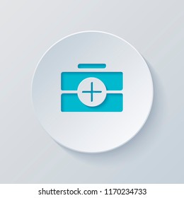 first-aid kit, simple icon. Cut circle with gray and blue layers. Paper style