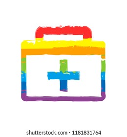 first-aid kit, simple icon. Drawing sign with LGBT style, seven colors of rainbow (red, orange, yellow, green, blue, indigo, violet