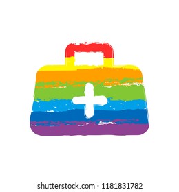 first-aid kit, simple icon. Drawing sign with LGBT style, seven colors of rainbow (red, orange, yellow, green, blue, indigo, violet