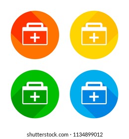 first-aid kit, simple icon. Flat white icon on colored circles background. Four different long shadows in each corners
