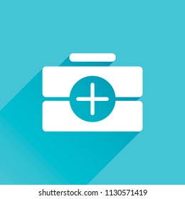 first-aid kit, simple icon. Gray icon with long shadow in bottom left corner on blue background