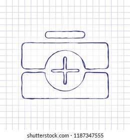 first-aid kit, simple icon. Hand drawn picture on paper sheet. Blue ink, outline sketch style. Doodle on checkered background