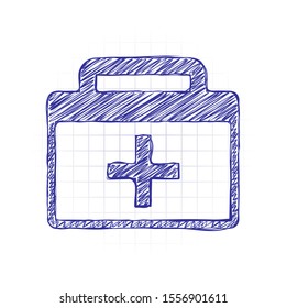 first-aid kit, simple icon. Hand drawn sketched picture with scribble fill. Blue ink. Doodle on white background