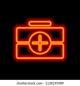 first-aid kit, simple icon. Orange neon style on black background. Light icon