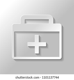 first-aid kit, simple icon. Paper style with shadow on gray background