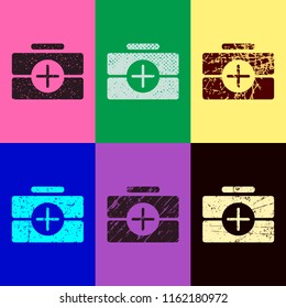 first-aid kit, simple icon. Pop art style. Scratched icons on 6 colour backgrounds. 