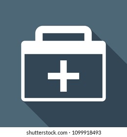 first-aid kit, simple icon. White flat icon with long shadow on background