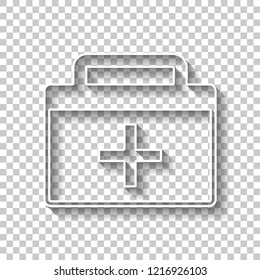 first-aid kit, simple icon. White outline sign with shadow on transparent background