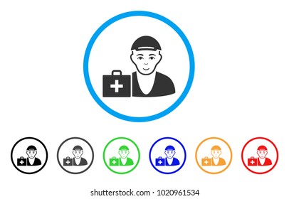 First-Aid Man rounded icon. Style is a flat first-aid man gray symbol inside light blue circle with black, gray, green, blue, red, orange variants. Positive first-aid man vector pictogram.