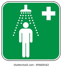 First-aid safety shower sign, white symbols on a green square background, vector illustration.