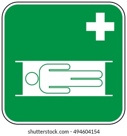 First-aid stretcher sign, white symbols on a green square background, vector illustration.